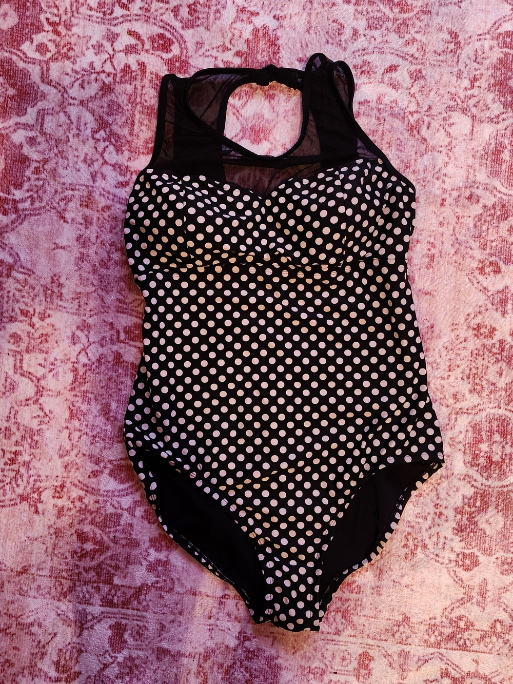 Catalina Black and White Polka Dot One-Piece Swimsuit with Mesh Yoke